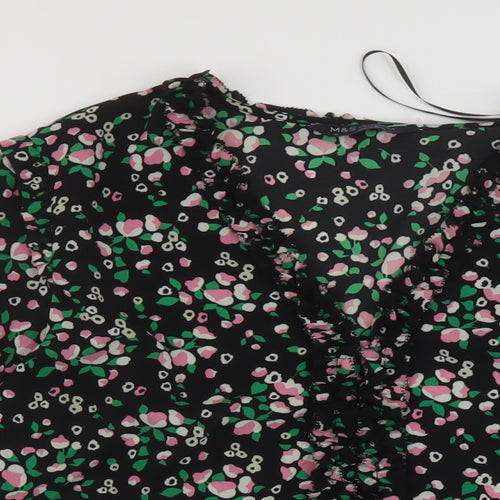 Marks and Spencer Womens Black Floral Polyester Basic Blouse Size 16 V-Neck