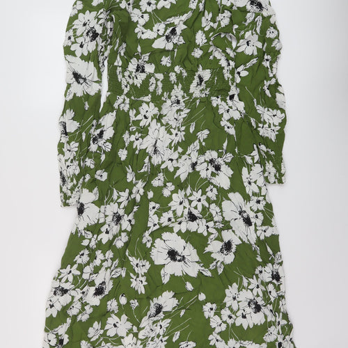 Marks and Spencer Womens Green Floral Viscose A-Line Size 12 Round Neck Button