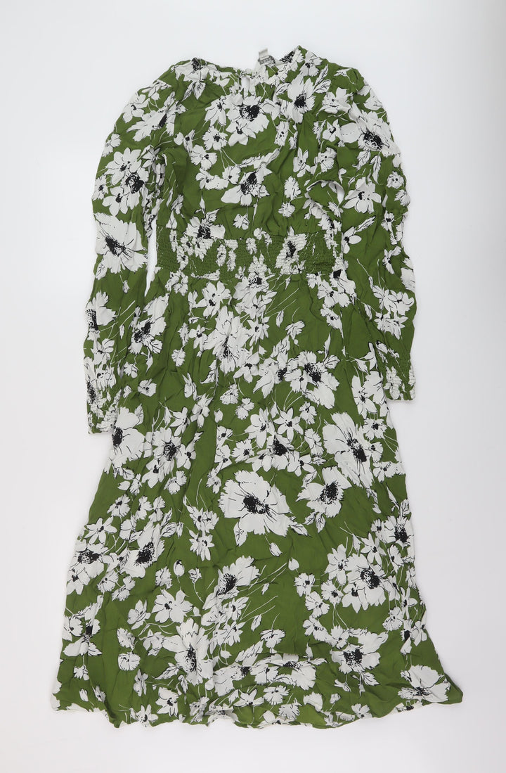 Marks and Spencer Womens Green Floral Viscose A-Line Size 12 Round Neck Button