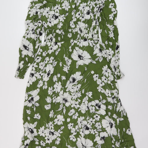 Marks and Spencer Womens Green Floral Viscose A-Line Size 12 Round Neck Button