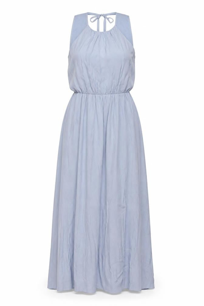 Front view of H&M women’s blue polyester a-line, size UK 6, round neck tie
