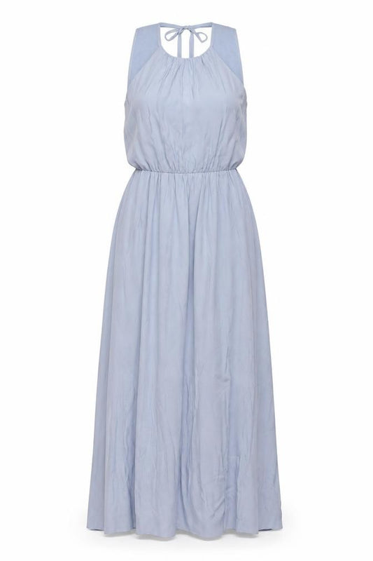 Front view of H&M women’s blue polyester a-line, size UK 6, round neck tie