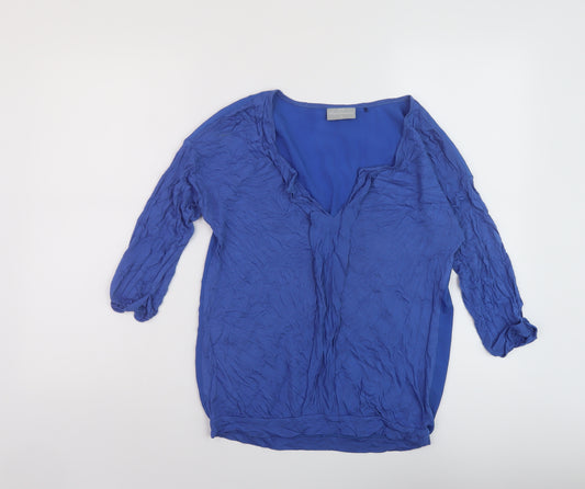 Front view of Next women’s blue viscose basic blouse, size UK 12, v-neck