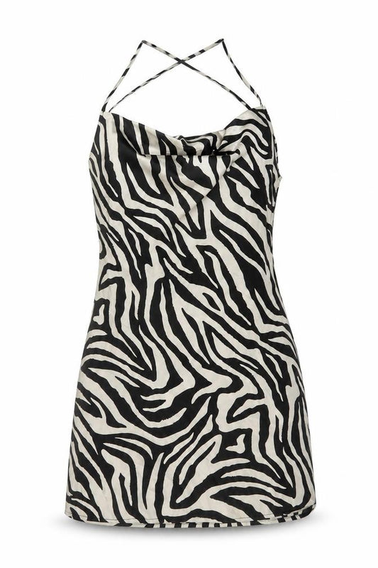 Front view of H&M women’s beige animal print polyester mini, size UK 10, cowl neck pullover