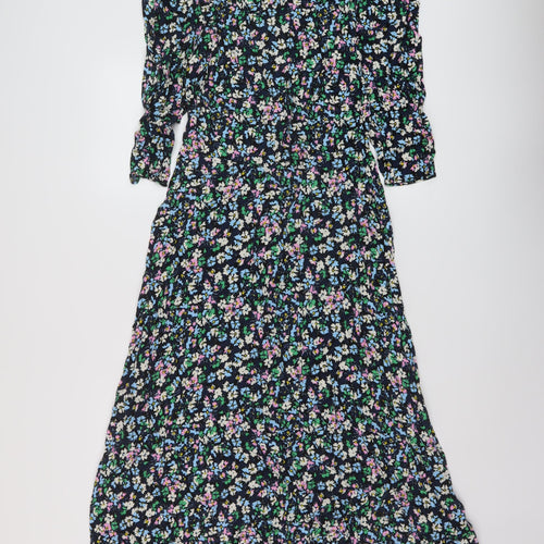 Marks and Spencer Womens Blue Floral Viscose A-Line Size 8 Round Neck Zip