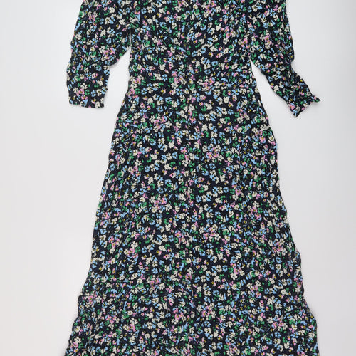 Marks and Spencer Womens Blue Floral Viscose A-Line Size 8 Round Neck Zip
