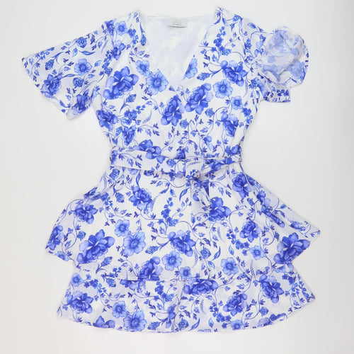 Quiz Womens Blue Floral Polyester A-Line Size 10 V-Neck Pullover