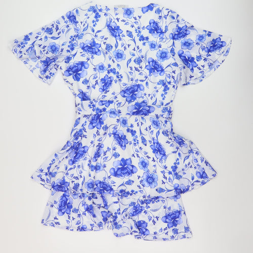 Quiz Womens Blue Floral Polyester A-Line Size 10 V-Neck Pullover