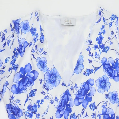 Quiz Womens Blue Floral Polyester A-Line Size 10 V-Neck Pullover