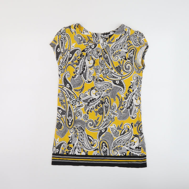 Wallis Womens Yellow Geometric Viscose Basic T-Shirt Size 10 Round Neck