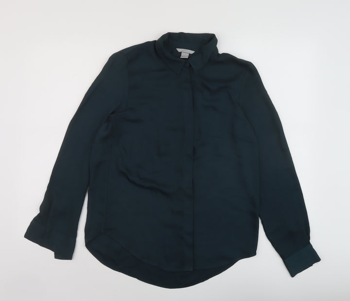 H&M Womens Green Polyester Basic Button-Up Size 6 Collared