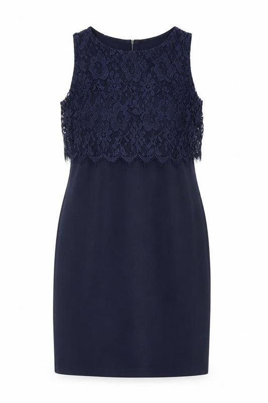 Front view of Wallis women’s blue polyester sheath, size UK 14, round neck zip