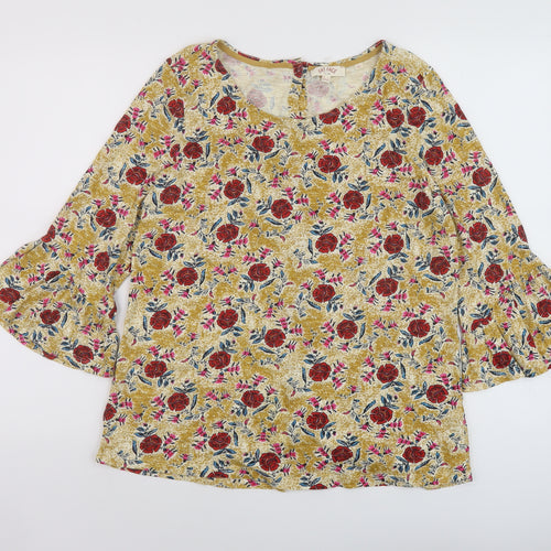 Fate Face Womens Yellow Floral Cotton Basic Blouse Size 12 Round Neck