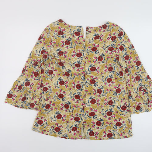 Fate Face Womens Yellow Floral Cotton Basic Blouse Size 12 Round Neck