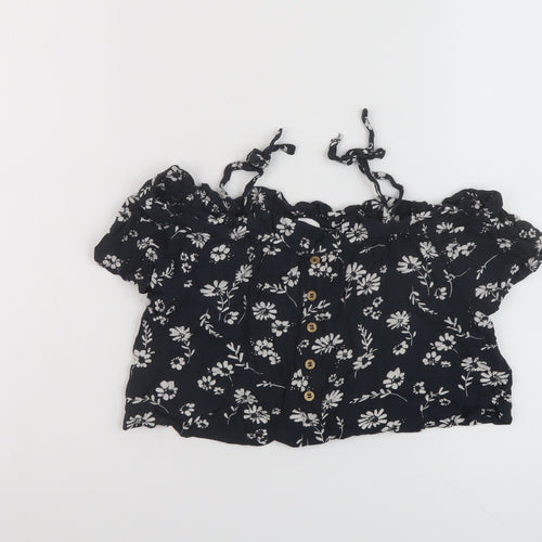 NEXT Girls Black Floral Viscose Basic Blouse Size 6 Years Square Neck Pullover