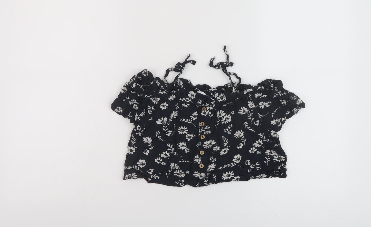 NEXT Girls Black Floral Viscose Basic Blouse Size 6 Years Square Neck Pullover