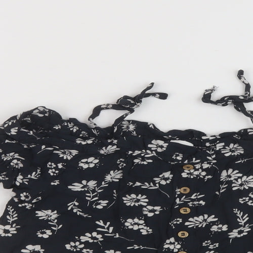 NEXT Girls Black Floral Viscose Basic Blouse Size 6 Years Square Neck Pullover