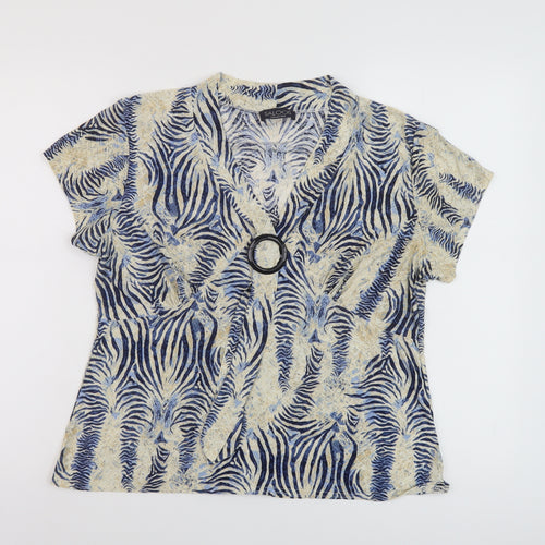 Saloos Womens Beige Animal Print Polyester Basic T-Shirt Size L V-Neck
