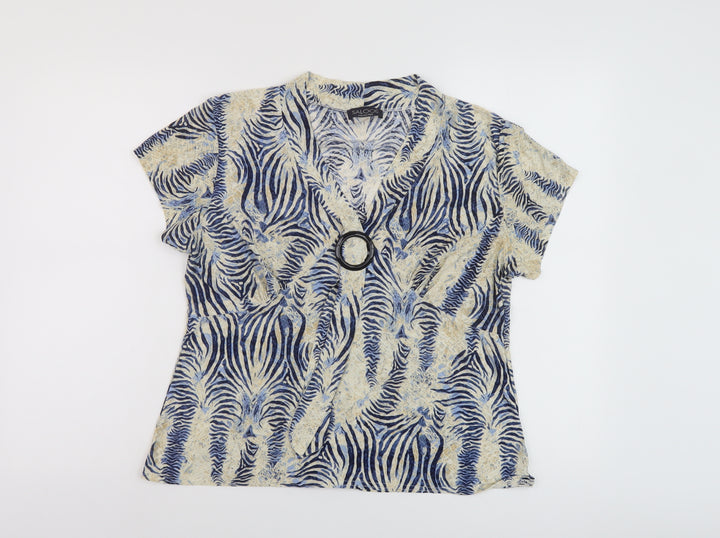 Saloos Womens Beige Animal Print Polyester Basic T-Shirt Size L V-Neck