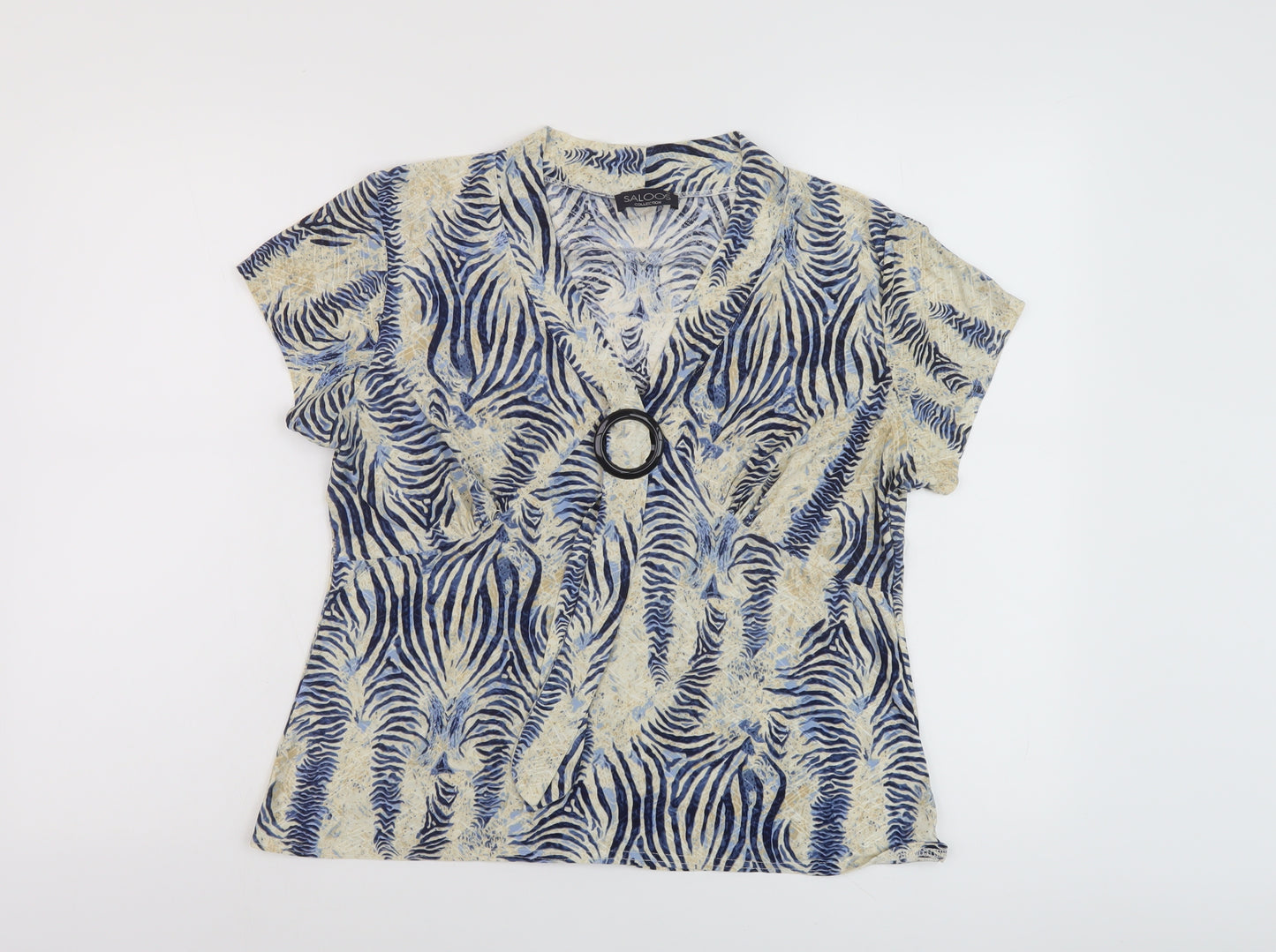 Saloos Womens Beige Animal Print Polyester Basic T-Shirt Size L V-Neck