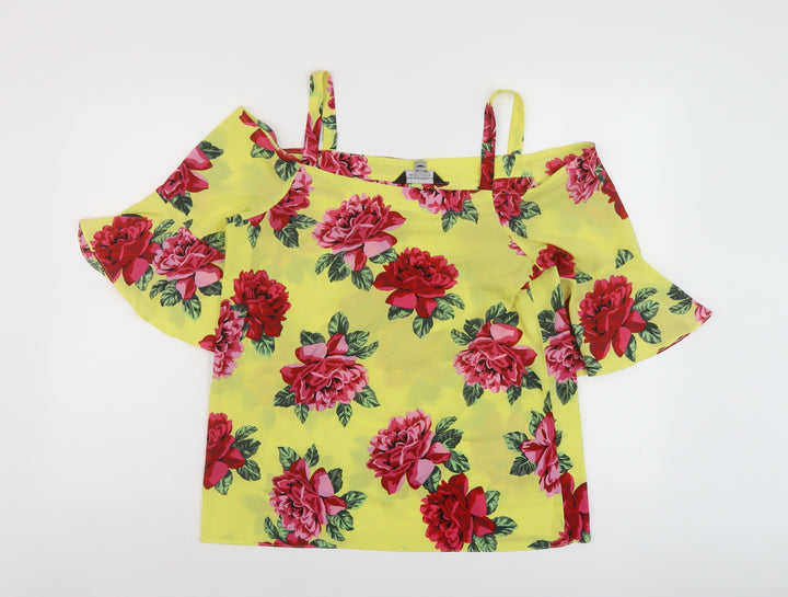 Dorothy Perkins Womens Yellow Floral Polyester Basic Blouse Size 10 Square Neck