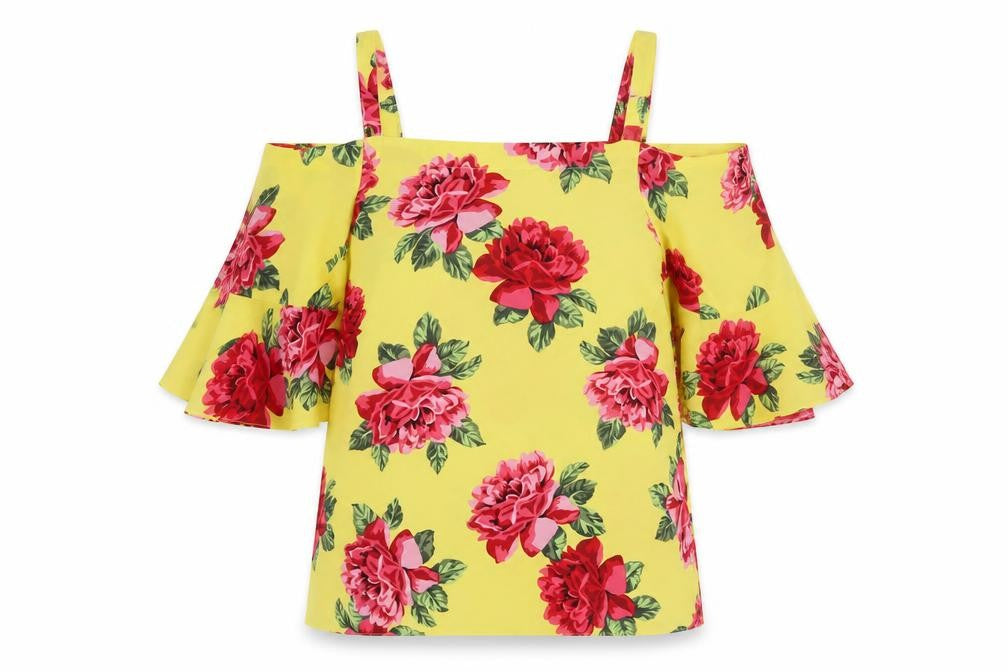 Front view of Dorothy Perkins women’s yellow floral polyester basic blouse, size UK 10, square neck