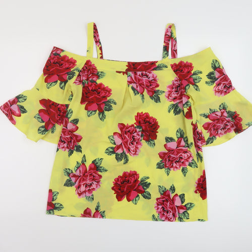 Dorothy Perkins Womens Yellow Floral Polyester Basic Blouse Size 10 Square Neck