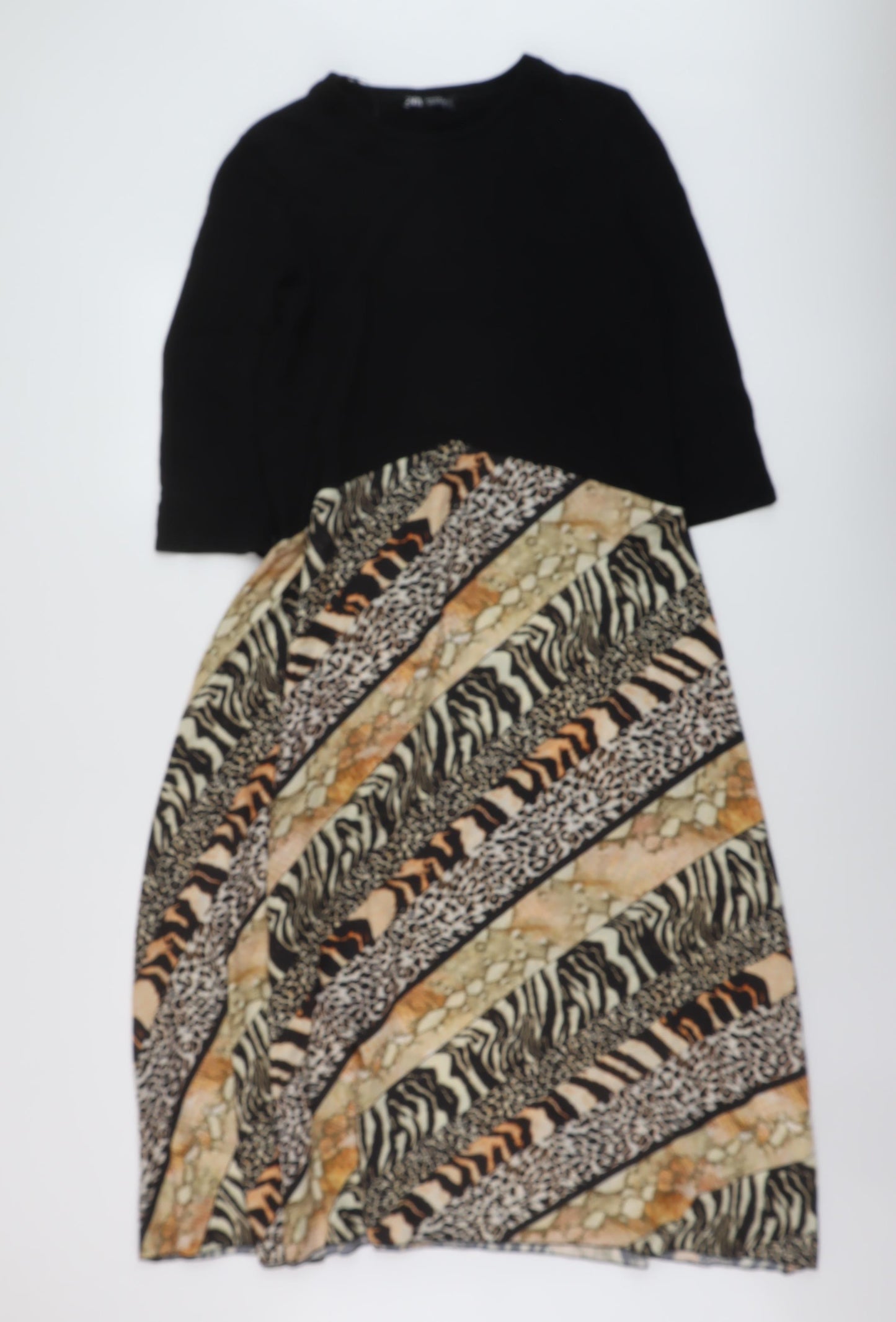 Zara Womens Black Geometric Polyester A-Line Size M Round Neck Pullover