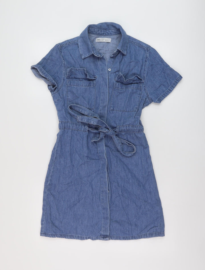 Denim & Co. Womens Black Cotton A-Line Size 2XS Collared Button