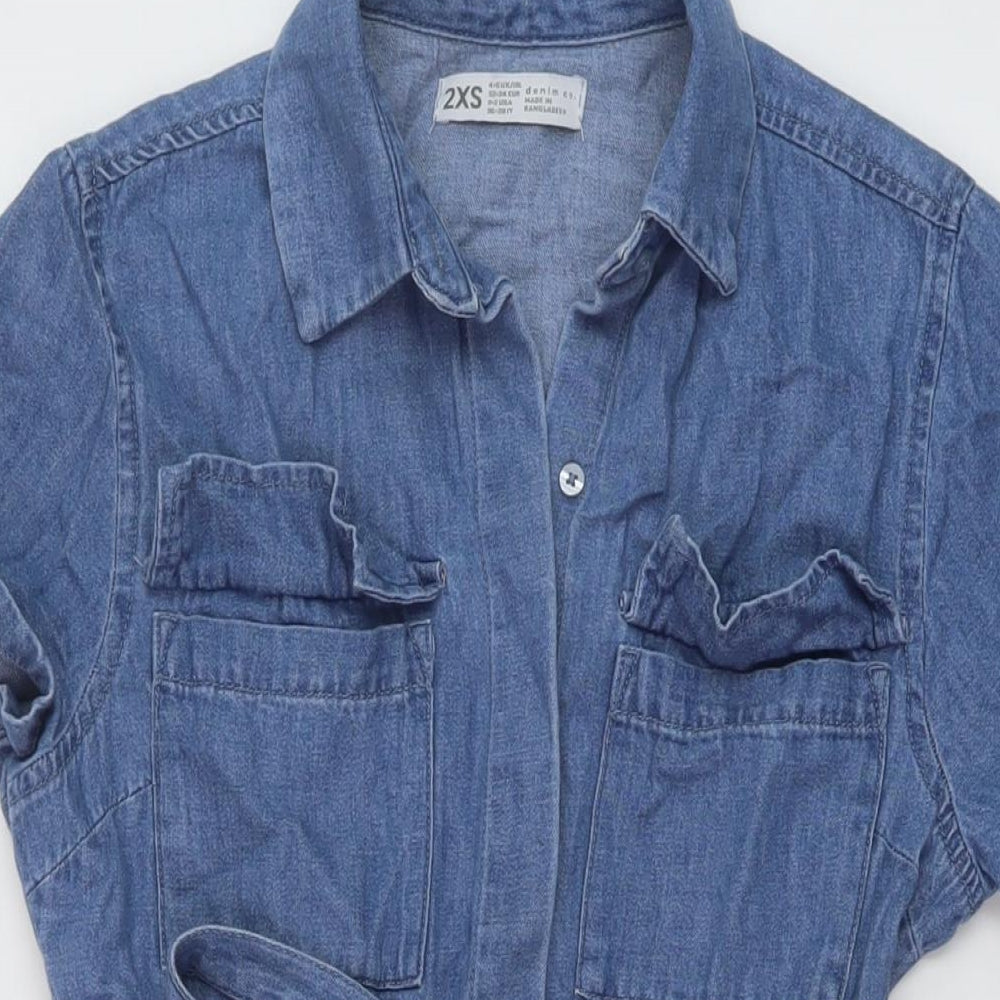 Denim & Co. Womens Black Cotton A-Line Size 2XS Collared Button