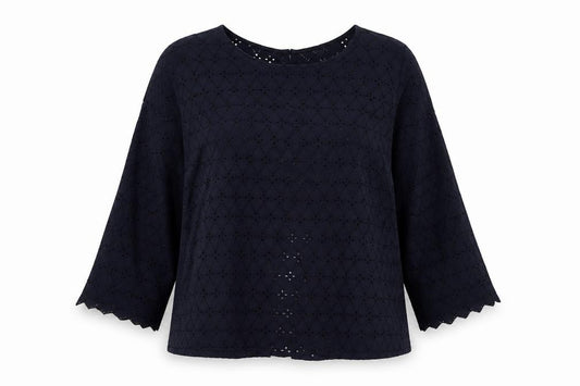 Front view of Springfield women’s blue polyester basic blouse, size UK 16, round neck