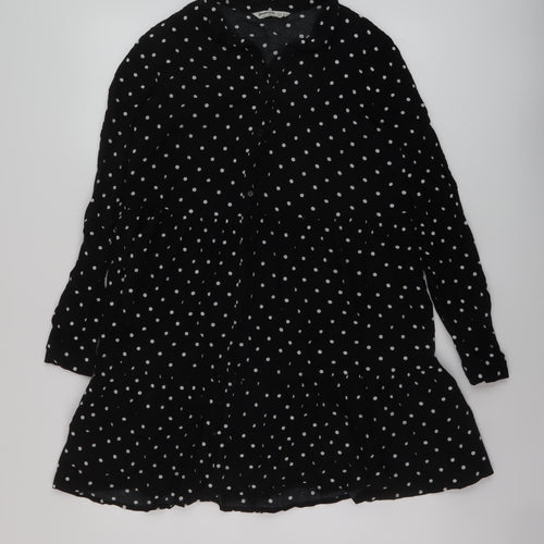 Stradivarius Womens Black Polka Dot Viscose A-Line Size M Collared Button