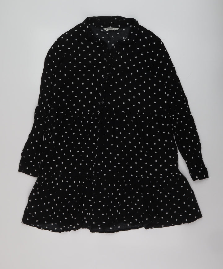 Stradivarius Womens Black Polka Dot Viscose A-Line Size M Collared Button