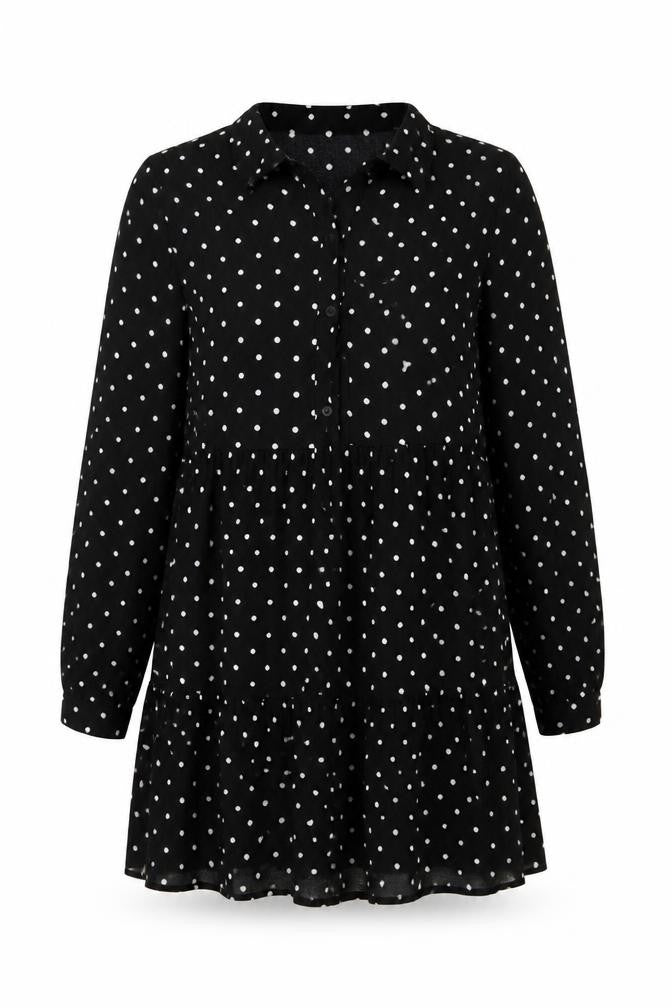 Front view of Stradivarius women’s black polka dot viscose a-line, size M, collared button