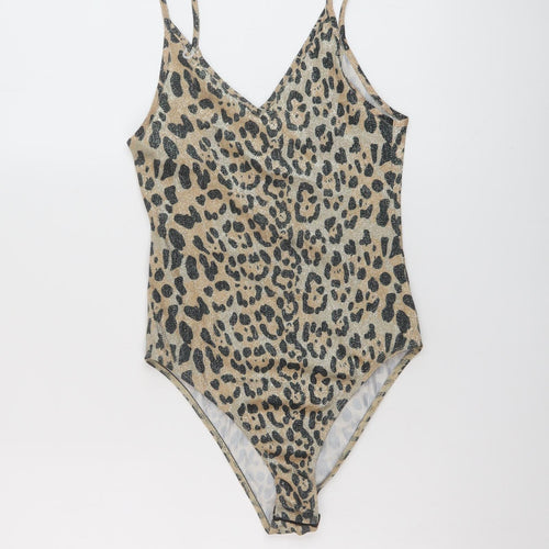 Topshop Womens Beige Animal Print Polyester Bodysuit One-Piece Size 8 Snap