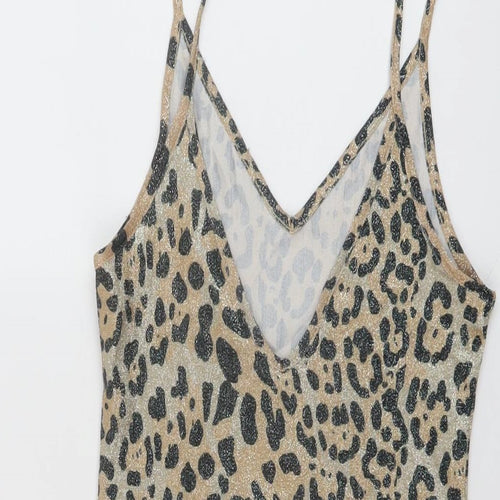 Topshop Womens Beige Animal Print Polyester Bodysuit One-Piece Size 8 Snap