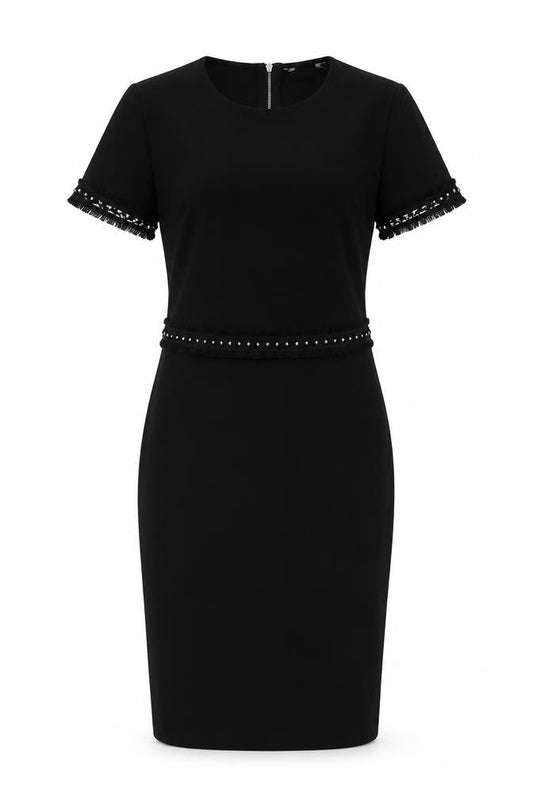 Front view of Dorothy Perkins women’s black polyester sheath, size UK 12, round neck zip