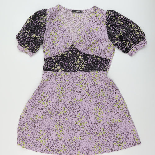 Quiz Womens Purple Floral Polyester A-Line Size 10 V-Neck Pullover