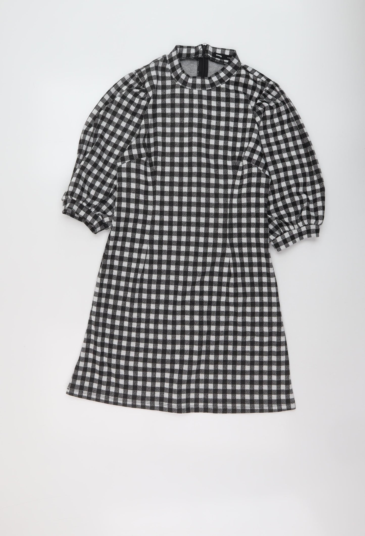 Sinsay Womens Black Check Polyester A-Line Size M Mock Neck Zip