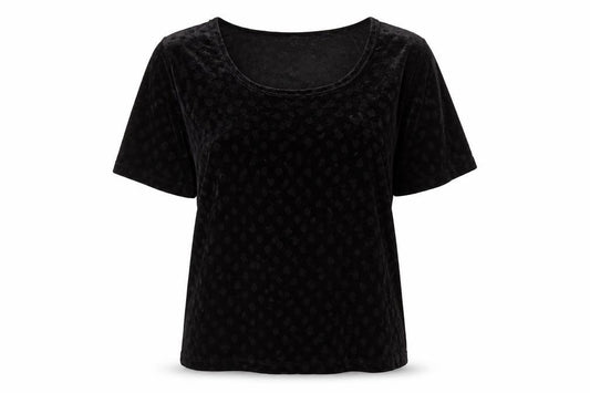 Front view of Ellos women’s black geometric polyester basic t-shirt, size UK 10, round neck