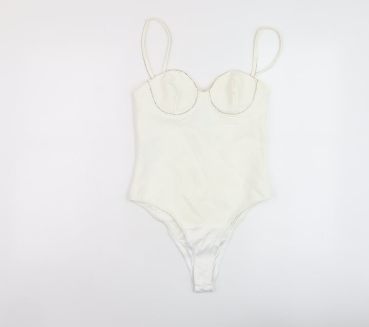 Zara Womens Ivory Polyester Bodysuit One-Piece Size M Snap