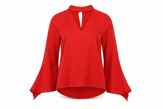 Front view of Debenhams women’s red polyester basic blouse, size UK 10, mock neck