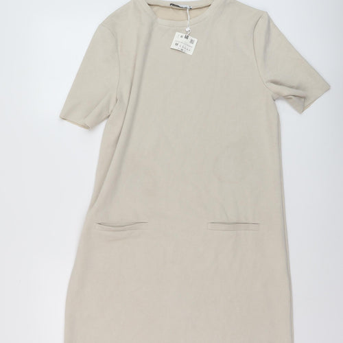 Zara Womens Beige Polyester A-Line Size M Round Neck Pullover