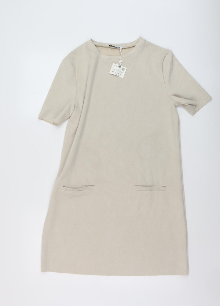 Zara Womens Beige Polyester A-Line Size M Round Neck Pullover