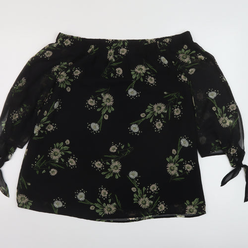 Marks and Spencer Womens Black Floral Polyester Basic Blouse Size 10 Square Neck