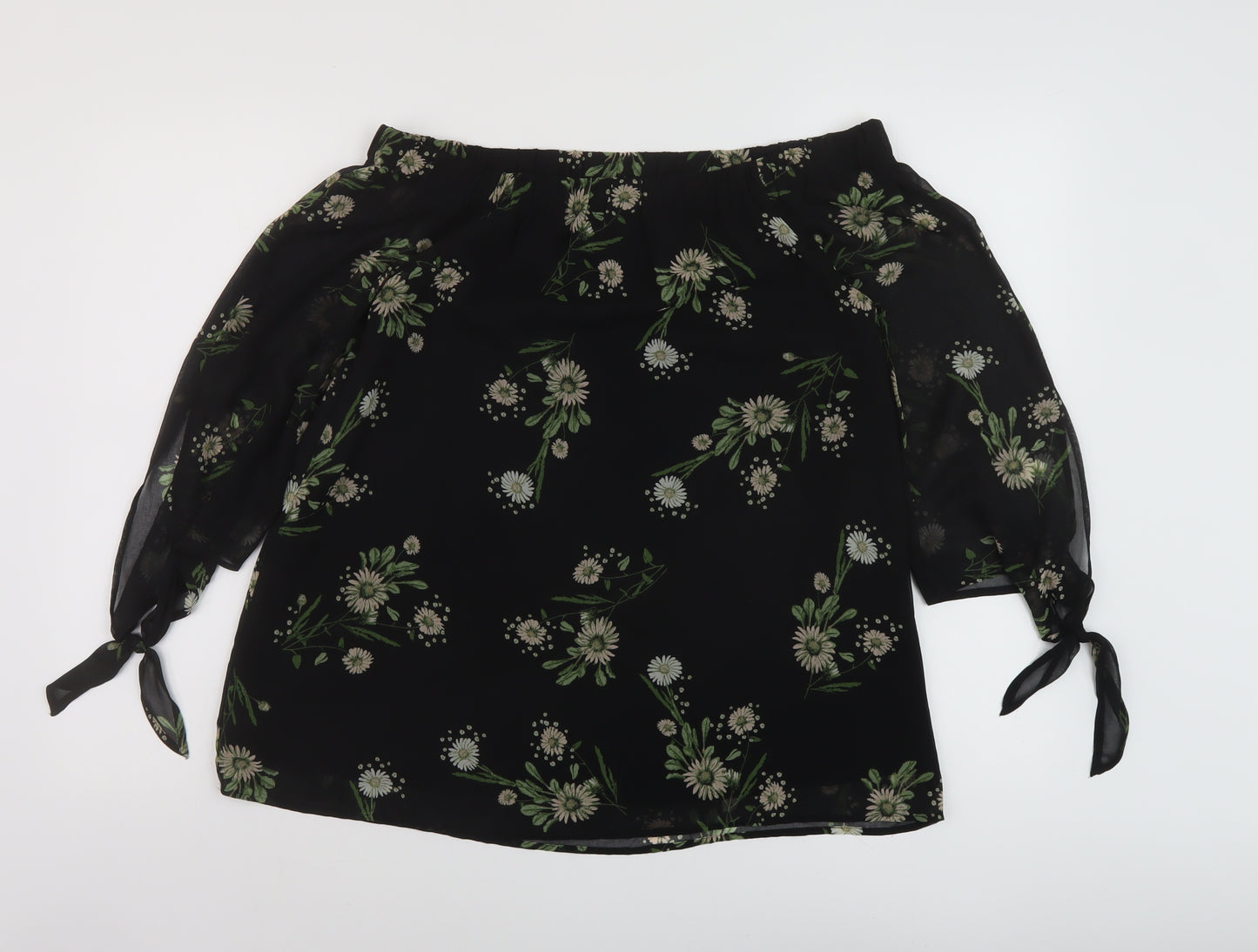 Marks and Spencer Womens Black Floral Polyester Basic Blouse Size 10 Square Neck