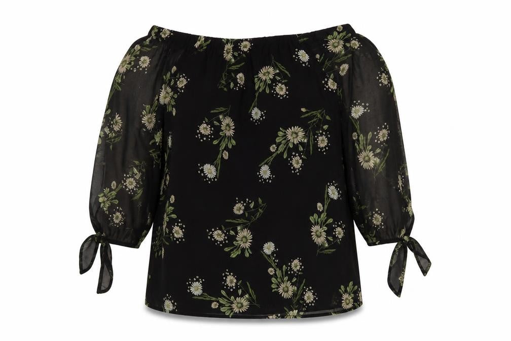 Front view of Marks & Spencer women’s black floral polyester basic blouse, size UK 10, square neck