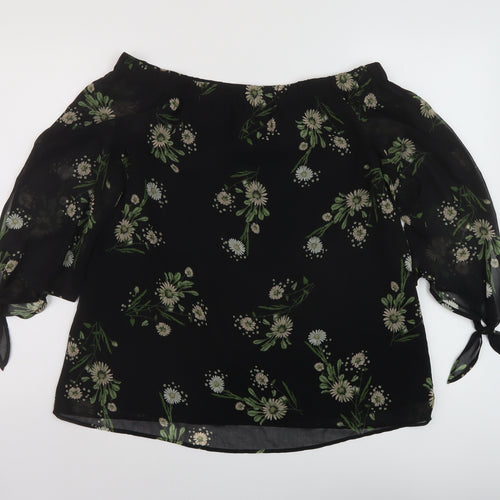 Marks and Spencer Womens Black Floral Polyester Basic Blouse Size 10 Square Neck