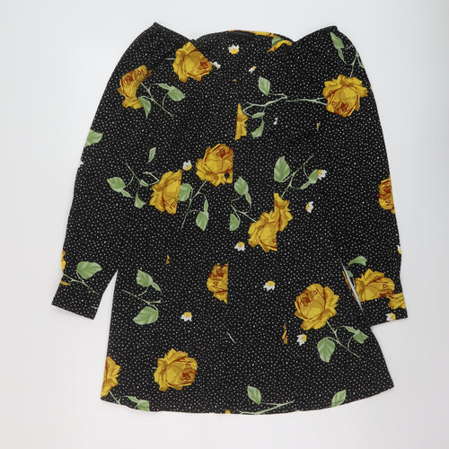 Wednesday's Girl Womens Black Floral Polyester A-Line Size XS V-Neck Button