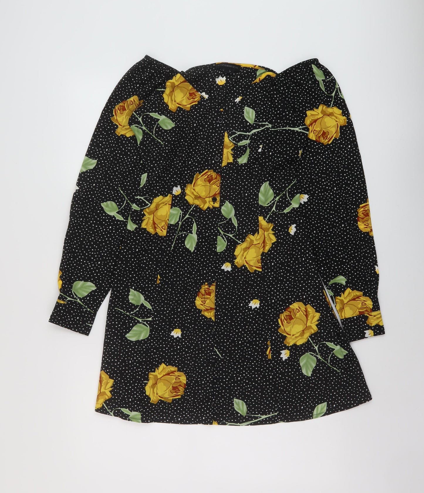 Wednesday's Girl Womens Black Floral Polyester A-Line Size XS V-Neck Button